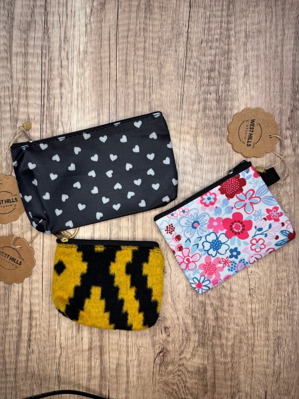 Set of 3 Coin Purses Small Accessory Bags Yellow Black Flowers Hearts Cute Set
